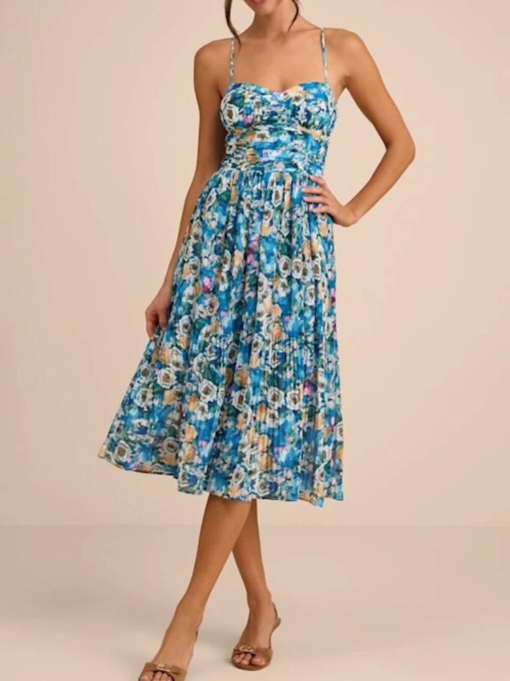 Lulus Aleyna Blue Multi Abstract Pleated Lace-up Bustier Midi Dress - Size XL